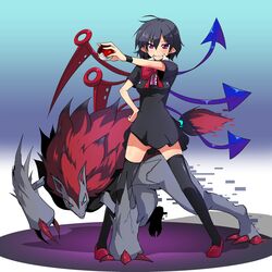  1girl asymmetrical_wings black_hair black_legwear blush chipa_(arutana) dress hand_on_hip highres hips houjuu_nue pointy_ears poke_ball pokemon pokemon_(creature) purple_eyes short_hair smile solo thigh-highs thighhighs touhou violet_eyes wings wristband zettai_ryouiki zoroark 