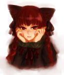  animal_ears braid cat_ears chin_rest freckles kaenbyou_rin light_smile long_hair manasseh red_eyes red_hair redhead ribbon solo touhou twin_braids 