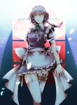  bow braid detached_collar garter_belt garter_straps hair_bow highres izayoi_sakuya knife maid maid_headdress pomeko_(13521433) puffy_sleeves red_eyes short_hair short_sleeves silver_hair solo thigh-highs thighhighs touhou twin_braids weapon white_legwear wrist_cuffs 