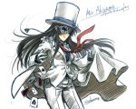  akiyama_mio black_hair cape card cosplay detective_conan formal gloves hat hime_cut k-on! kaito_kid kaito_kid_(cosplay) long_hair meitantei_conan monocle ryou_(shirotsumesou) solo suit top_hat white_gloves 