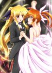  :d blonde_hair blue_eyes blush brown_hair dancing diesel-turbo dress fate_testarossa formal hand_holding holding_hands looking_at_another lyrical_nanoha mahou_shoujo_lyrical_nanoha multiple_girls open_mouth ponytail red_eyes smile solo suit takamachi_nanoha twintails window yuri 