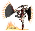  bangs black_hair blunt_bangs character_name dual_wielding fan fan_(weapon) fire folding_fan hair_ribbon hakuamu highres max_anarchy ribbon rin_rin single_thighhigh steampunk tattoo thigh-highs thighhighs zipper 