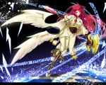  black_background blazblue blue_eyes boots cape coat expressionless highres long_hair pants red_hair redhead sayo_wini shield solo sword tears tsubaki_yayoi weapon wings 