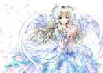  angel angel_wings blue_eyes bracelet copyright_request dress drill_hair feathered_wings flower gem hair_flower hair_ornament holding jewelry lace long_hair necklace petals shiitake_(gensoudou) smile solo white_background wings 