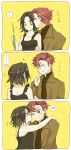  1boy 1girl assf_krsya baccano! blush chane_laforet claire_stanfield comic couple heart heart_background highres kiss panels red_eyes red_hair short_hair speech_bubble translated translation_request yellow_background yellow_eyes 