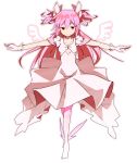  cotton_tofu detached_wings dress gloves goddess_madoka hair_ornament jewelry kaname_madoka long_hair mahou_shoujo_madoka_magica outstretched_arms pink_eyes pink_hair simple_background smile solo spoilers spread_arms twintails two_side_up ultimate_madoka white_background wings 