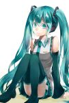  aqua_eyes aqua_hair boots detached_sleeves hatsune_miku headphones long_hair looking_at_viewer necktie sayaka_(ponkichi) sitting skirt solo thigh-highs thigh_boots thighhighs twintails very_long_hair vocaloid 