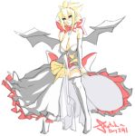  bare_shoulders bat_wings blonde_hair bow breasts cleavage demon_girl detached_sleeves disgaea dress eu03 frills hanging_breasts huge_breasts jewelry makai_senki_disgaea_2 nippon_ichi pointy_ears ponytail red_eyes rozalin short_hair sketch solo thigh-highs thighhighs wings 