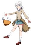 1girl bow cotton_tofu fish flat_chest food fried_horse_mackerel grey_eyes open_mouth personification shoes silver_eyes simple_background skit socks solo white_background white_legwear 
