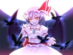  alternate_eye_color animal ascot bat bat_wings blue_hair collarbone fang full_moon hat hat_ribbon jewelry moon nakajou open_mouth puffy_sleeves remilia_scarlet ribbon short_hair short_sleeves solo touhou wings wrist_cuffs yellow_eyes 