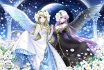  2girls angel_wings artist_name bare_shoulders black_dress blonde_hair blue_eyes choker clothes_grab copyright_notice copyright_request dress feathered_wings flower gown hand_holding heterochromia holding_hands interlocked_fingers lace lavender_hair long_hair moon multiple_girls petals pillar purple_hair shiitake_(gensoudou) watermark web_address white_dress wings 