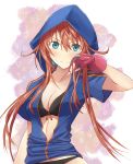  black_panties blue_eyes blush breasts cleavage fingerless_gloves gloves hoodie kaeru314 long_hair looking_at_viewer momoko_(kaeru314) orange_hair original panties smile solo underwear 