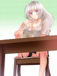  blue_eyes blush bowl breasts chair chopstick chopsticks cleavage collarbone eating feet_on_chair food from_below gradient gradient_background green_background ktsis long_hair noodles off_shoulder open_mouth original shirt silver_hair sitting solo table toes white_background 