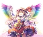  :d ^_^ alternate_costume alternate_wings blonde_hair closed_eyes colorful detached_sleeves dress eyes_closed flandre_scarlet flower hat hat_ribbon highres mikkii open_mouth ribbon shackle short_hair side_ponytail smile solo touhou white_background wings 
