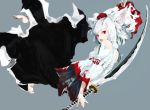  animal_ears bare_shoulders barefoot detached_sleeves feet grey_background hat inubashiri_momiji open_mouth red_eyes senria short_hair silver_hair solo sword tokin_hat touhou weapon white_hair wide_sleeves wolf_ears 