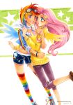  2girls dark-persian fluttershy goggles hair_ornament hairpin long_hair midriff multicolored_hair multicolored_legwear multiple_girls my_little_pony my_little_pony_friendship_is_magic pink_hair rainbow_dash scarf short_hair shorts simple_background traditional_media 