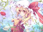  ascot blonde_hair blush crystal flandre_scarlet flower hat hat_ribbon miyaoi pointy_ears puffy_sleeves red_eyes ribbon rose short_hair short_sleeves side_ponytail solo star torn touhou vines wings 