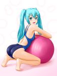  aqua_eyes aqua_hair ball barefoot competition_swimsuit feet hatsune_miku long_hair looking_back one-piece_swimsuit open_mouth soles solo swimsuit tk4 twintails vocaloid 