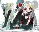  chain chains gas_mask gloves green_hair hatsune_miku headphones high_heels highres kagamine_len kaito long_hair microphone project_diva project_diva_f scarf shoes tattoo toma_&#039;3&#039; toma_&prime;?? unhappy_refrain_(vocaloid) vocaloid wire 