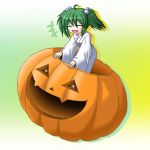  1girl closed_eyes eyes_closed green_hair hair_bobbles hair_ornament hitoniarazu jack-o&#039;-lantern jack-o'-lantern kisume long_sleeves open_mouth solo touhou twintails wide_sleeves 