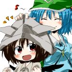  ^_^ blue_eyes brown_hair child closed_eyes eyes_closed hair_bobbles hair_ornament hat kawashiro_nitori key multiple_girls open_mouth paper_hat red_eyes shameimaru_aya short_hair short_twintails smile touhou twintails two_side_up unya wings young 