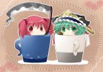  aenobas chibi cup green_eyes green_hair hair_bobbles hair_ornament hammer_(sunset_beach) hat in_container in_cup looking_at_viewer multiple_girls onozuka_komachi outline red_eyes rod_of_remorse scythe shikieiki_yamaxanadu smile touhou twintails 