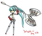  1girl :&gt; android aqua_hair battle_axe chibi eu03 hand_on_hip hips huge_weapon labrys long_hair persona persona_4:_the_ultimate_in_mayonaka_arena pleated_skirt ponytail robot_joints school_uniform serafuku skirt solo very_long_hair weapon 
