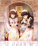  9room :d apple apron black_hair blue_eyes brown_hair food fruit glass grapes holding long_hair looking_at_viewer maid maid_headdress multiple_girls open_mouth original pink_eyes short_hair smile strawberry 