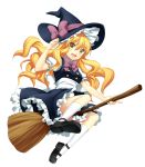  blonde_hair broom broom_riding dress hat highres jenevan kirisame_marisa long_hair mary_janes shoes simple_background solo touhou white_background witch_hat yellow_eyes 