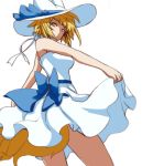  alternate_costume alternate_headwear animal_ears bare_shoulders blonde_hair breasts dearmybrothers dress fox_ears fox_tail hat hat_ribbon highres looking_back multiple_tails ribbon short_hair simple_background smile solo sun_hat sundress tail touhou white_background white_dress yakumo_ran yellow_eyes 