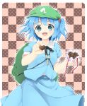  :d backpack bag blue_eyes blue_hair blush chocolate chocolate_heart hair_bobbles hair_ornament hat heart highres kawashiro_nitori key open_mouth ribbon short_hair short_twintails skirt skirt_set smile solo takoyaki1116 touhou twintails two_side_up 