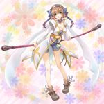  bike_shorts bow braid breasts brown_hair cleavage coat detached_collar floral_background flower green_eyes hair_bow hair_flower hair_ornament hairband leia_roland shoes short_hair smile solo souko_(yue) staff tales_of_(series) tales_of_xillia 