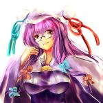 bespectacled cape glasses hat long_hair long_sleeves patchouli_knowledge purple_hair red_eyes ryuufa smile solo touhou white_background wide_sleeves 