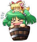  &gt;_&lt; :3 animal_ears blonde_hair blush bow bucket cat_ears cat_tail closed_eyes eyes_closed flying_sweatdrops green_hair hair_bobbles hair_bow hair_ornament horns ibuki_suika in_bucket in_container kisume long_hair multiple_girls pic2_toshi short_hair tail touhou twintails white_background 
