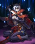  breasts butterfly cape cleavage detached_sleeves insect mismi original red_eyes scabbard sheath silver_hair sitting sword unsheathing weapon 
