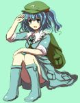  backpack bad_id bag blue_eyes blue_hair blush_stickers boots hair_bobbles hair_ornament hat inazakura00 kawashiro_nitori key open_mouth salute short_twintails sleeves_rolled_up solo touhou twintails 