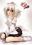  animal_ears bare_shoulders blush breasts detached_sleeves english hat inubashiri_momiji large_breasts open_mouth red_eyes short_hair silver_hair simple_background sitting solo sorato_jun speech_bubble tail tail_wagging tokin_hat touhou wariza white_hair wide_sleeves wolf_ears wolf_tail 
