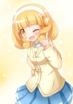  blonde_hair cardigan hairband highres kise_yayoi precure school_uniform short_hair skirt smile_precure! solo wink yellow_background yellow_eyes zenon_(for_achieve) 