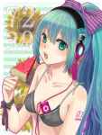  1girl 39 alternate_hairstyle aqua_hair barcode bikini_top collarbone digital_media_player green_eyes hatsune_miku headphones ipod long_hair looking_at_viewer open_mouth ponytail popsicle solo striped striped_background vocaloid watermelon_bar 