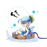  ahoge alternate_hairstyle basin blonde_hair blue_hair bow cirno detached_wings gradient_hair hair_bow ice ice_wings kona_sleipnir multicolored_hair open_mouth partially_submerged ponytail short_hair sleeveless solo touhou water water_hose wings 