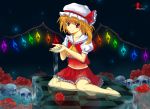  absurdres character_name collarbone crystal fang flandre_scarlet flower hat hat_ribbon highres puffy_sleeves red_eyes ribbon rose short_hair short_sleeves side_ponytail skull smile solo touhou tsubasa19900920 water wings 