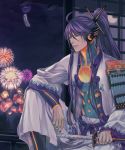  armor fireworks full_moon hair_ornament haori headset japanese_clothes kamui_gakupo male moon nail_polish night night_sky ohse ponytail purple_hair sitting sky solo star_(sky) sword vocaloid weapon wind_chime 