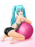  aqua_eyes aqua_hair ass ball barefoot competition_swimsuit feet hatsune_miku long_hair looking_back no_shoes one-piece_swimsuit open_mouth soles solo swimsuit tk4 twintails vocaloid 