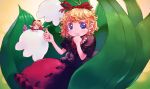  =_= blonde_hair blue_eyes bubble_skirt curly_hair earrings flower hair_ribbon highres jewelry leaf lily_of_the_valley medicine_melancholy minigirl ribbon short_hair sitting skirt solo su-san touhou yst 