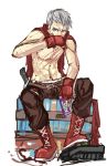  arcade_stick bandaid blue_eyes boots cape cross-laced_footwear energy_drink fingerless_gloves gloves highres knife lace-up_boots male muscle pan!ies pants persona persona_3 persona_4:_the_ultimate_in_mayonaka_arena product_placement sanada_akihiko scar shirtless short_hair solo white_hair 