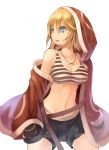  blonde_hair blue_eyes boxing_gloves breasts cleavage jacket jewelry looking_away midriff navel necklace open_mouth original short_hair shorts simple_background solo striped_tank_top white_background zenn 