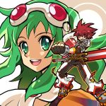  1girl armor belt clenched_hand crossover elsword elsword_(character) gloves green_eyes green_hair gumi pants red_eyes red_hair redhead shoes short_hair smile spiked_hair spiky_hair sword vocaloid weapon zaionic 