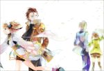  1girl alvin_(tales_of_xillia) bow brown_eyes brown_hair coat cravat dual_persona green_eyes hair_bow hairband leia_roland looking_back mooche pants shirt shoes short_hair tales_of_(series) tales_of_xillia thigh-highs thighhighs white_background 