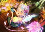  1boy 1girl black_legwear blush butterfly_hair_ornament fairy_wings flower hair_ornament looking_at_viewer looking_up muruaka open_mouth original petals short_hair sitting sparkle thigh-highs thighhighs wariza watering_can wings 