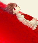  brown_hair dutch_angle eve_(ib) flower hair_in_mouth ib ib_(ib) kl long_hair looking_at_viewer lying mouth_hold red red_eyes red_rose rose solo 